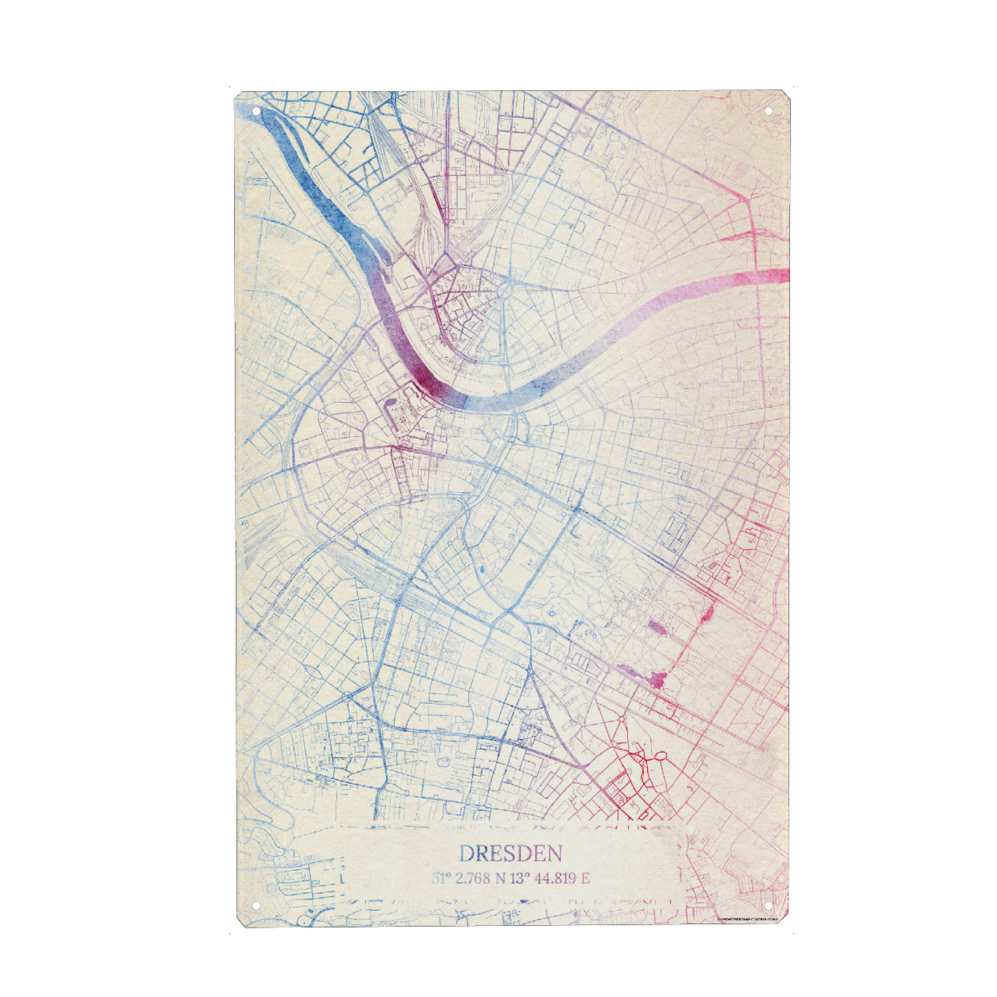Metall Poster "Dresden Deutschland Map Rose And Serenity I" artboxONE - Städte,Reise,Kartografie - Städting,Stadtkarte,Wasserfarbe,Rosequartz
