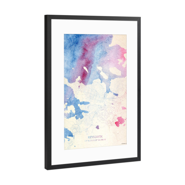 Poster mit Rahmen Schwarz (Metallic) "Reykjavík Island Map Rose And Serenity I" artboxONE - Städte,Reise,Kartografie