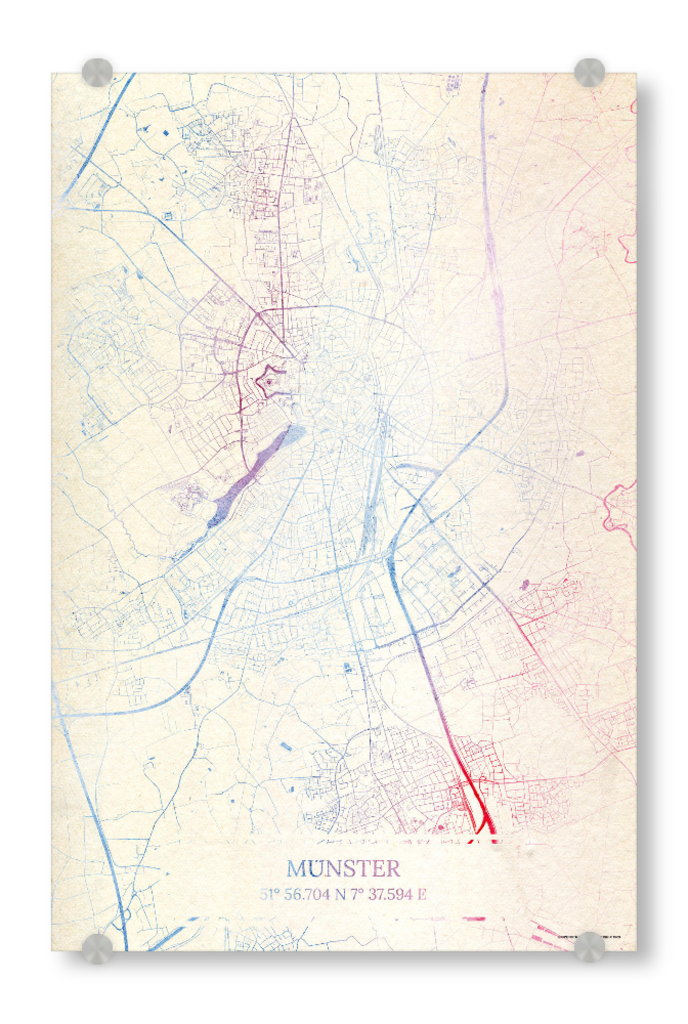 Acrylglasbild "Münster Deutschland Map Rose And Serenity I" artboxONE - Städte,Reise,Kartografie - Städting,Stadtkarte,Wasserfarbe,Rosequartz