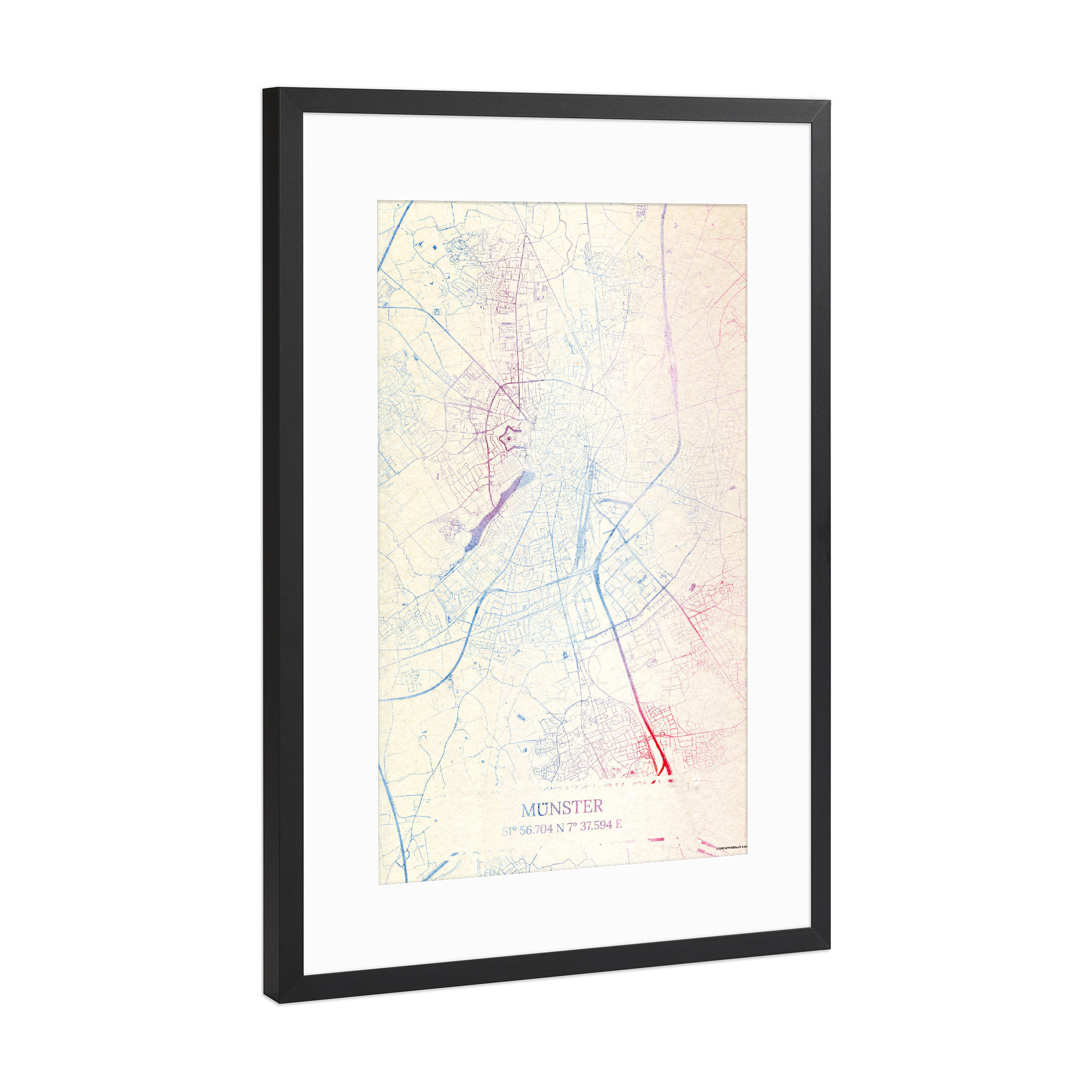Poster mit Rahmen Schwarz (Metallic) "Münster Deutschland Map Rose And Serenity I" artboxONE - Städte,Reise,Kartografie