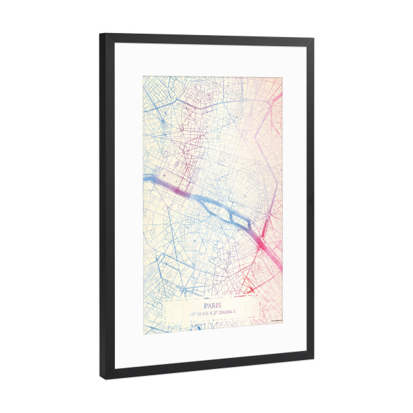 Poster mit Rahmen Schwarz (Metallic) "Paris Frankreich Map Rose And Serenity II" artboxONE - Städte,Reise,Kartografie
