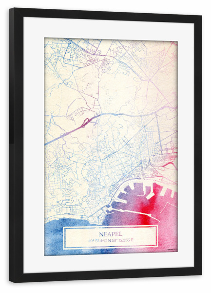 Poster mit Rahmen schwarz "Neapel Italien Map Rose And Serenity I" artboxONE - Städte,Reise,Kartografie - Städte,Stadtkarte,Wasserfarbe,Rosequartz