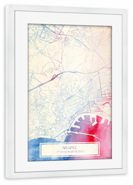 Poster mit Rahmen weiß "Neapel Italien Map Rose And Serenity I" artboxONE - Städte,Reise,Kartografie - Städte,Stadtkarte,Wasserfarbe,Rosequartz
