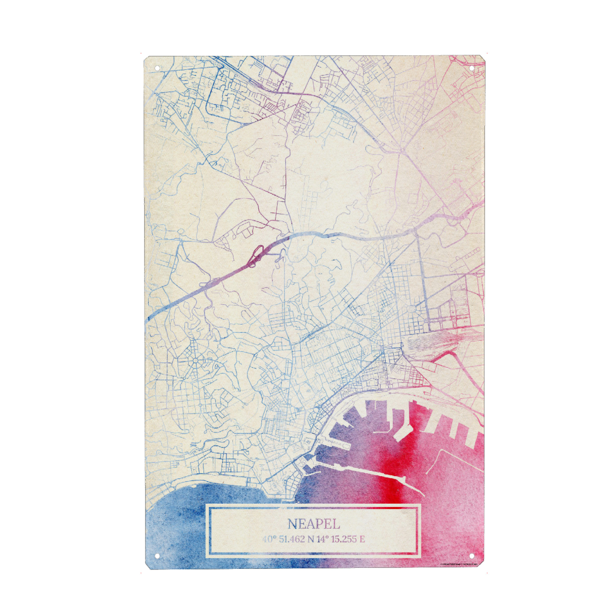 Metall Poster "Neapel Italien Map Rose And Serenity I" artboxONE - Städte,Reise,Kartografie - Städte,Stadtkarte,Wasserfarbe,Rosequartz - Blechschild