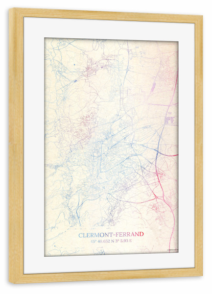 Poster mit Rahmen kiefer "Clermont-Ferrand Frankreich Map Rose And Serenity I" artboxONE - Städte,Reise,Kartografie