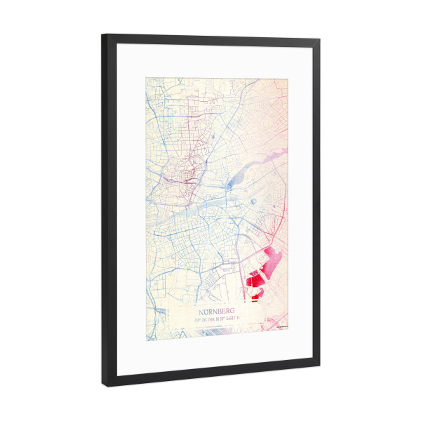 Poster mit Rahmen Schwarz (Metallic) "Nürnberg Deutschland Map Rose And Serenity I" artboxONE - Städte,Reise,Kartografie