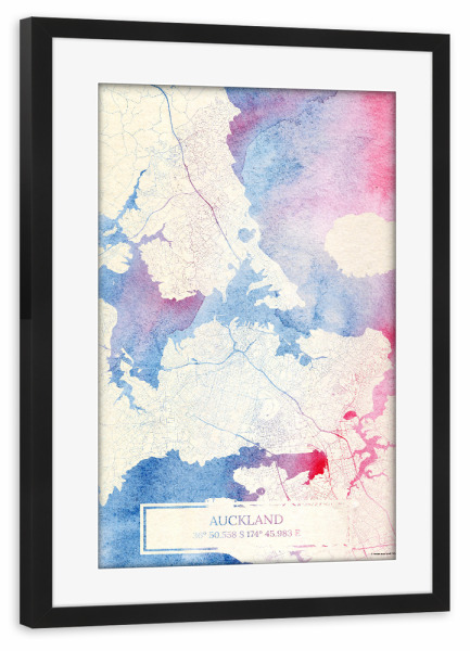 Poster mit Rahmen schwarz "Auckland Neuseeland Map Rose And Serenity I" artboxONE - Städte,Reise,Kartografie
