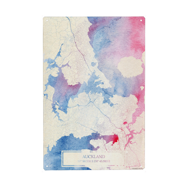 Metall Poster "Auckland Neuseeland Map Rose And Serenity I" artboxONE - Städte,Reise,Kartografie - Städte,Stadtkarte,Wasserfarbe,Rosequartz