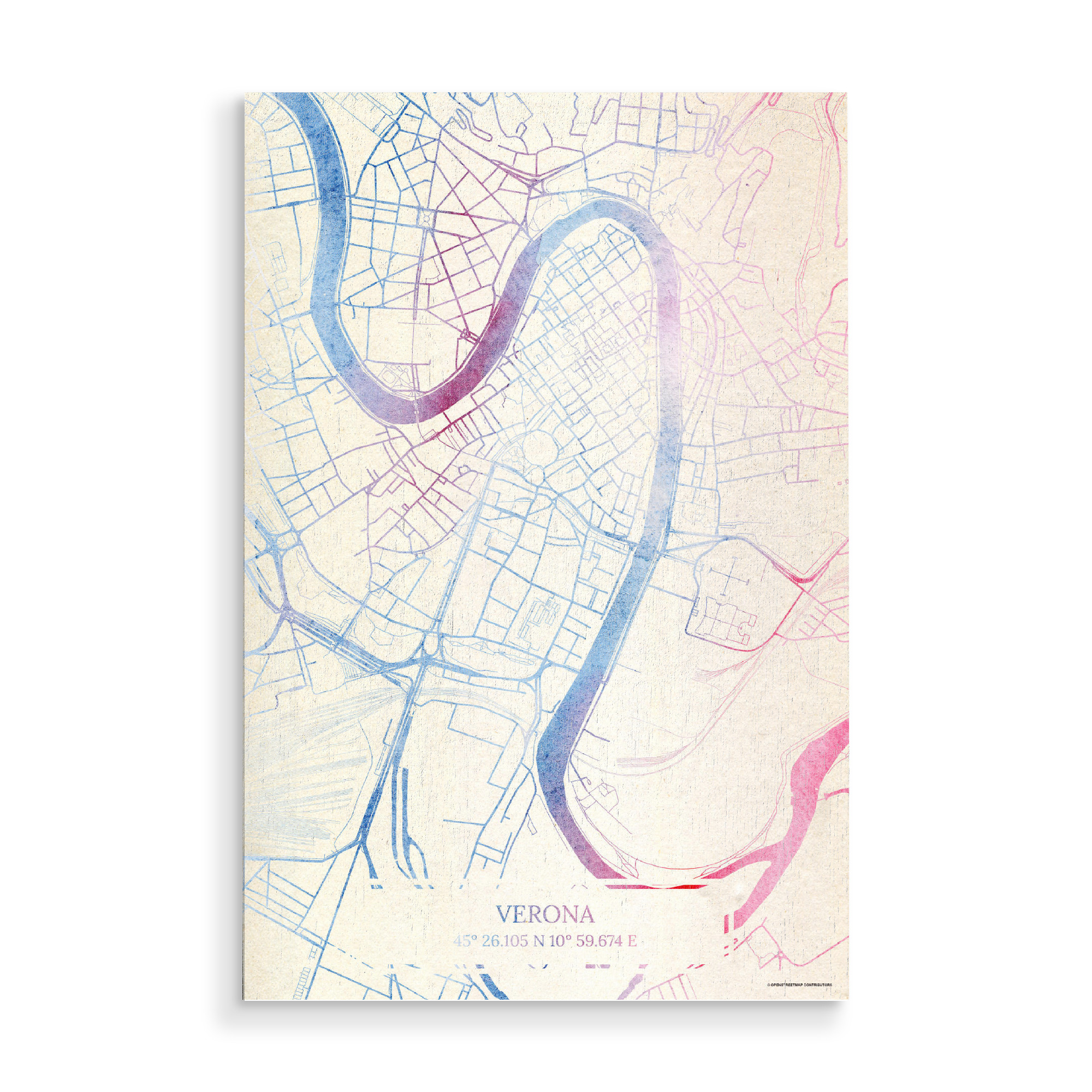 Holzbild "Verona Italien Map Rose And Serenity I" artboxONE - Städte,Reise,Kartografie - Städte,Stadtkarte,Wasserfarbe,Rosequartz