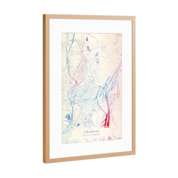 Poster mit Rahmen Kupfer "Straßburg Frankreich Map Rose And Serenity I" artboxONE - Städte,Reise,Kartografie