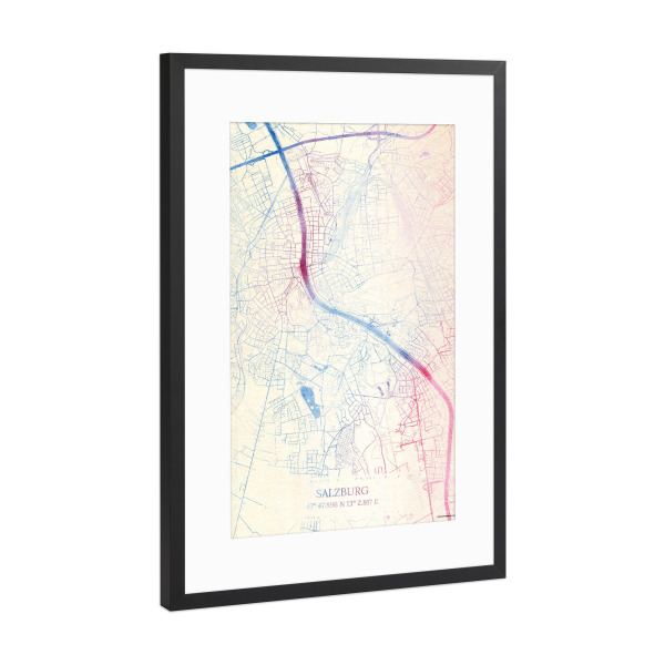 Poster mit Rahmen Schwarz (Metallic) "Salzburg Österreich Map Rose And Serenity IV" artboxONE - Städte,Reise,Kartografie