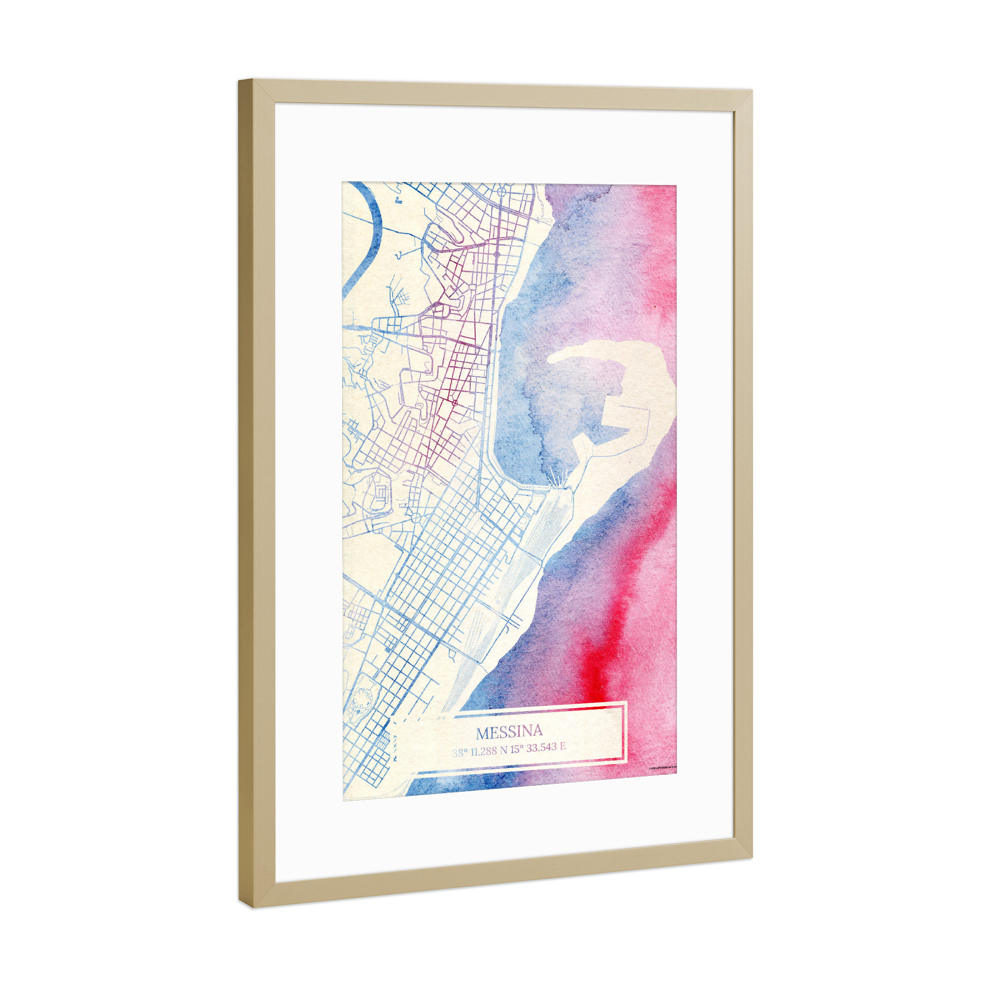 Poster mit Rahmen Gold "Messina Italien Map Rose And Serenity II" artboxONE - Städte,Reise,Kartografie - Städte,Stadtkarte,Wasserfarbe,Rosequartz