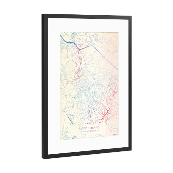 Poster mit Rahmen Schwarz (Metallic) "Saint-Étienne Frankreich Map Rose And Serenity II" artboxONE - Städte,Reise,Kartografie