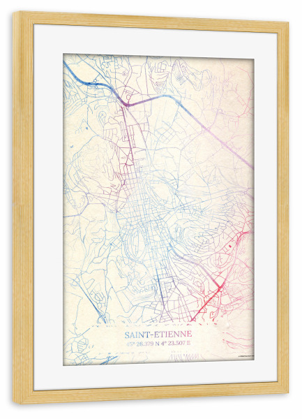 Poster mit Rahmen kiefer "Saint-Étienne Frankreich Map Rose And Serenity II" artboxONE - Städte,Reise,Kartografie