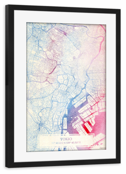 Poster mit Rahmen schwarz "Tokio Japan Map Rose And Serenity II" artboxONE - Städte,Reise,Kartografie - Städte,Stadtkarte,Wasserfarbe,Rosequartz