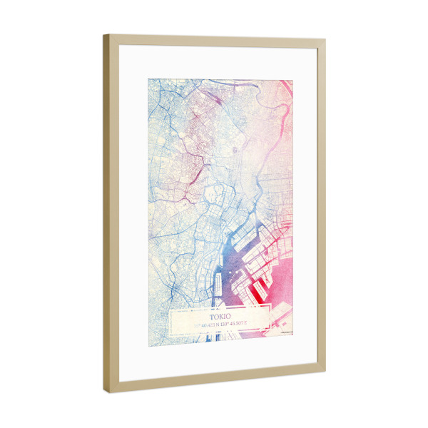 Poster mit Rahmen Gold "Tokio Japan Map Rose And Serenity II" artboxONE - Städte,Reise,Kartografie - Städte,Stadtkarte,Wasserfarbe,Rosequartz