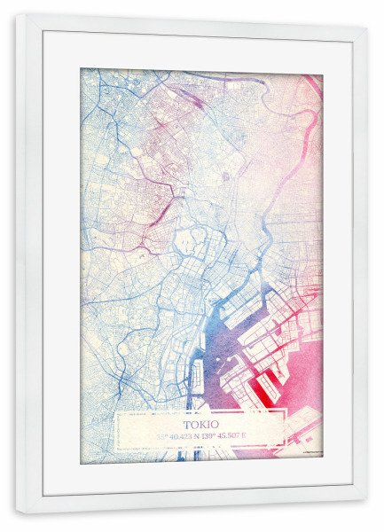 Poster mit Rahmen weiß "Tokio Japan Map Rose And Serenity II" artboxONE - Städte,Reise,Kartografie - Städte,Stadtkarte,Wasserfarbe,Rosequartz