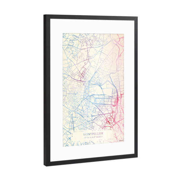 Poster mit Rahmen Schwarz (Metallic) "Montpellier Frankreich Map Rose And Serenity II" artboxONE - Städte,Reise,Kartografie