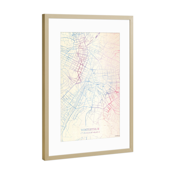 Poster mit Rahmen Gold "Winterthur Schweiz Map Rose And Serenity II" artboxONE - Städte,Reise,Kartografie - Städting,Stadtkarte,Wasserfarbe,Rosequartz