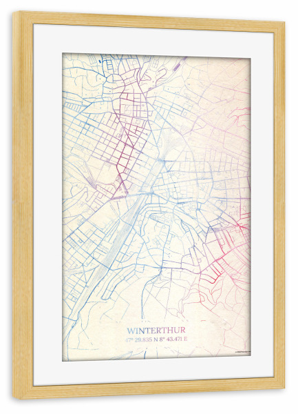 Poster mit Rahmen kiefer "Winterthur Schweiz Map Rose And Serenity II" artboxONE - Städte,Reise,Kartografie
