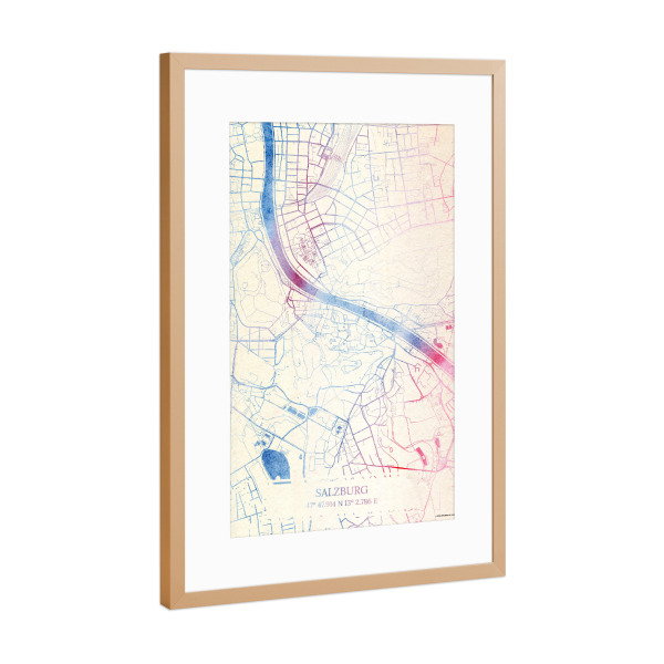 Poster mit Rahmen Kupfer "Salzburg Österreich Map Rose And Serenity I" artboxONE - Städte,Reise,Kartografie