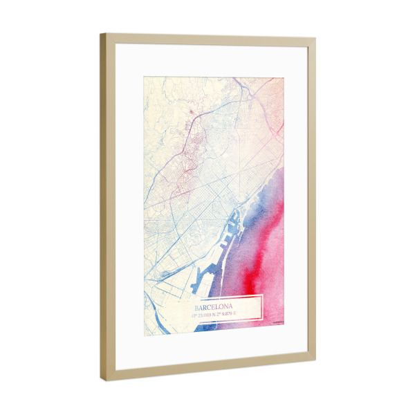 Poster mit Rahmen Gold "Barcelona Spanien Map Rose And Serenity I" artboxONE - Städte,Reise,Kartografie - Städte,Stadtkarte,Wasserfarbe,Rosequartz
