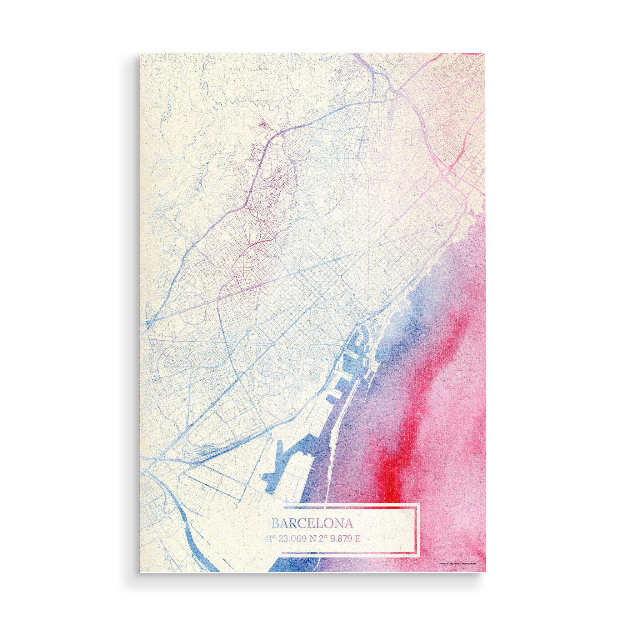 Holzbild "Barcelona Spanien Map Rose And Serenity I" artboxONE - Städte,Reise,Kartografie - Städte,Stadtkarte,Wasserfarbe,Rosequartz