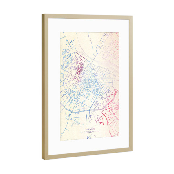 Poster mit Rahmen Gold "Foggia Italien Map Rose And Serenity II" artboxONE - Städte,Reise,Kartografie - Städte,Stadtkarte,Wasserfarbe,Rosequartz