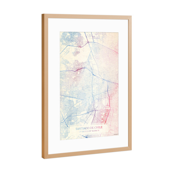 Poster mit Rahmen Kupfer "Santiago-de-Chile Chile Map Rose And Serenity II" artboxONE - Städte,Reise,Kartografie