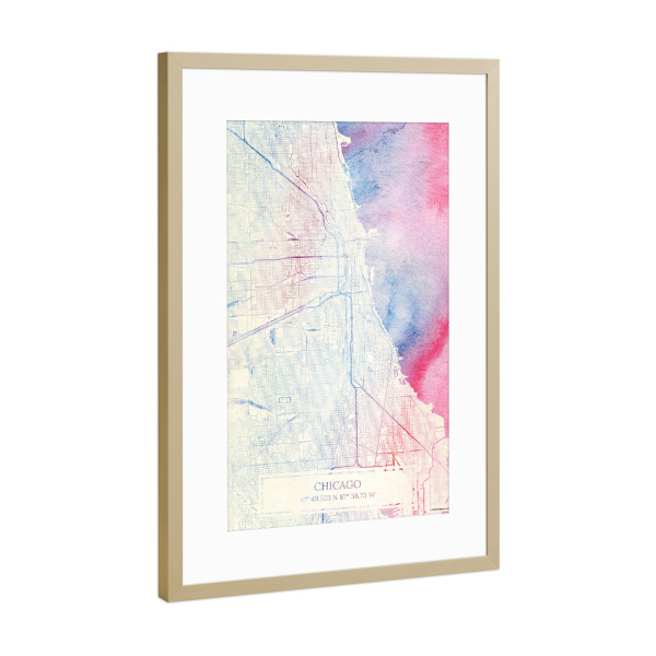 Poster mit Rahmen Gold "Chicago USA Map Rose And Serenity I" artboxONE - Städte,Reise,Kartografie - Städte,Stadtkarte,Wasserfarbe,Rosequartz
