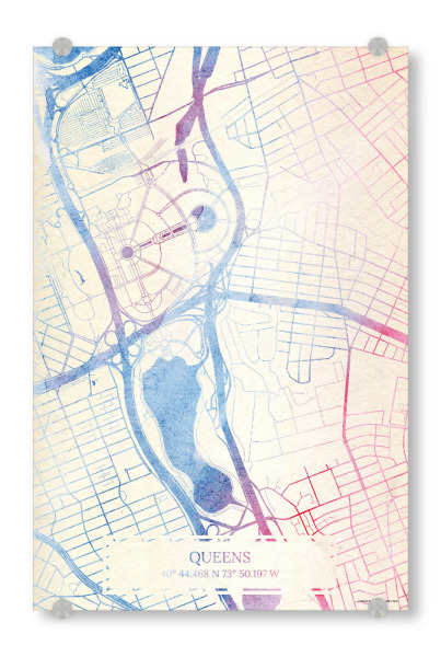 Acrylglasbild "Queens USA Map Rose And Serenity I" artboxONE - Städte,Reise,Kartografie - Städte,Stadtkarte,Wasserfarbe,Rosequartz