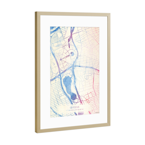 Poster mit Rahmen Gold "Queens USA Map Rose And Serenity I" artboxONE - Städte,Reise,Kartografie - Städte,Stadtkarte,Wasserfarbe,Rosequartz