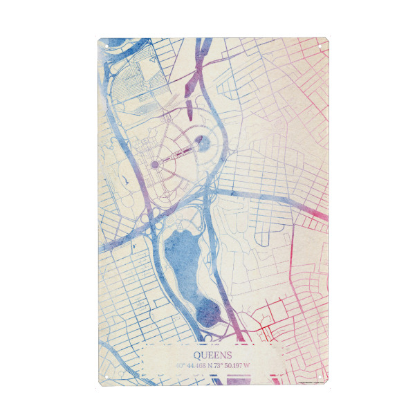 Holzbild "Queens USA Map Rose And Serenity I" artboxONE - Städte,Reise,Kartografie - Städte,Stadtkarte,Wasserfarbe,Rosequartz