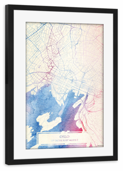 Poster mit Rahmen schwarz "Oslo Norwegen Map Rose And Serenity I" artboxONE - Städte,Reise,Kartografie - Städte,Stadtkarte,Wasserfarbe,Rosequartz
