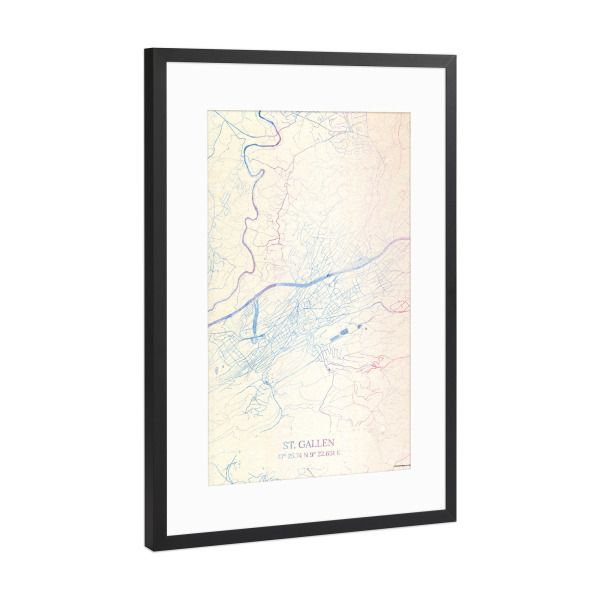 Poster mit Rahmen Schwarz (Metallic) "St.-Gallen Schweiz Map Rose And Serenity I" artboxONE - Städte,Reise,Kartografie