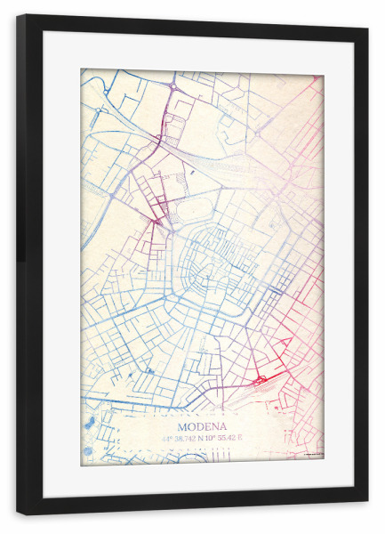 Poster mit Rahmen schwarz "Modena Italien Map Rose And Serenity II" artboxONE - Städte,Reise,Kartografie - Städte,Stadtkarte,Wasserfarbe,Rosequartz