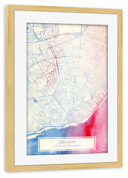 Poster mit Rahmen kiefer "Lissabon Portugal Map Rose And Serenity II" artboxONE - Städte,Reise,Kartografie - Städte,Stadtkarte,Wasserfarbe,Rosequartz