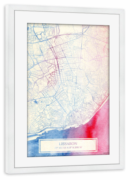 Poster mit Rahmen weiß "Lissabon Portugal Map Rose And Serenity II" artboxONE - Städte,Reise,Kartografie - Städte,Stadtkarte,Wasserfarbe,Rosequartz