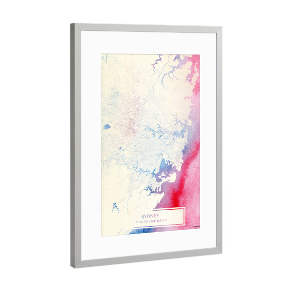 Poster mit Rahmen Silber "Sydney Australien Map Rose And Serenity I" artboxONE - Städte,Reise,Kartografie - Städte,Stadtkarte,Wasserfarbe,Rosequartz