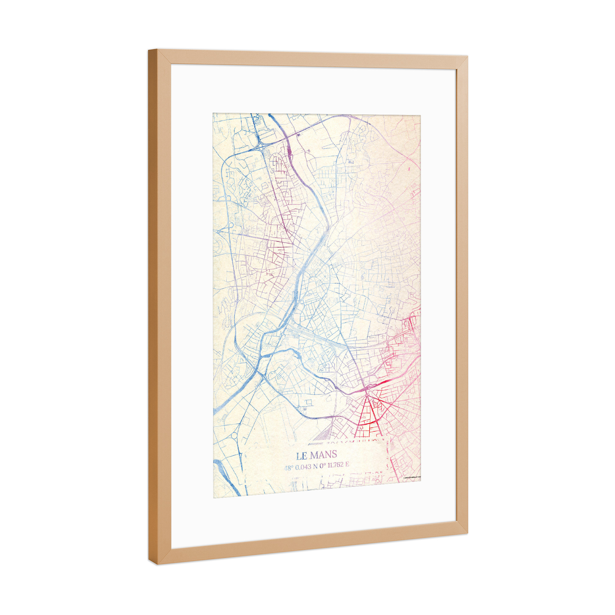 Poster mit Rahmen Kupfer "Le-Mans Frankreich Map Rose And Serenity I" artboxONE - Städte,Reise,Kartografie - Städte,Stadtkarte,Wasserfarbe,Rosequartz