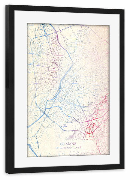 Poster mit Rahmen schwarz "Le-Mans Frankreich Map Rose And Serenity I" artboxONE - Städte,Reise,Kartografie - Städte,Stadtkarte,Wasserfarbe,Rosequartz