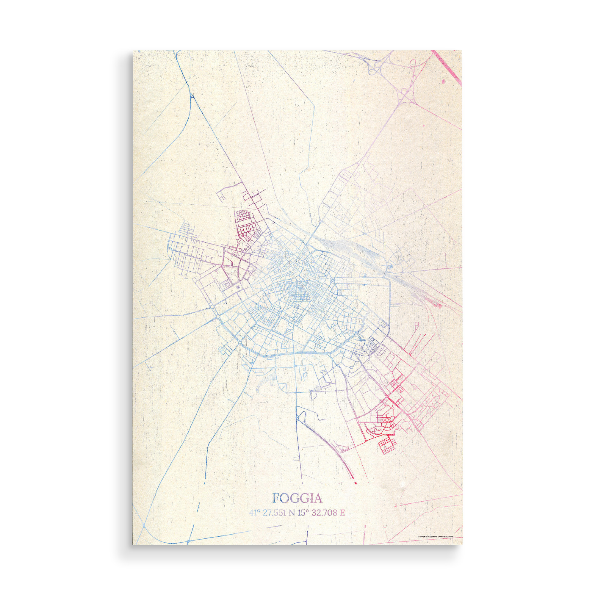 Holzbild "Foggia Italien Map Rose And Serenity I" artboxONE - Städte,Reise,Kartografie - Städte,Stadtkarte,Wasserfarbe,Rosequartz