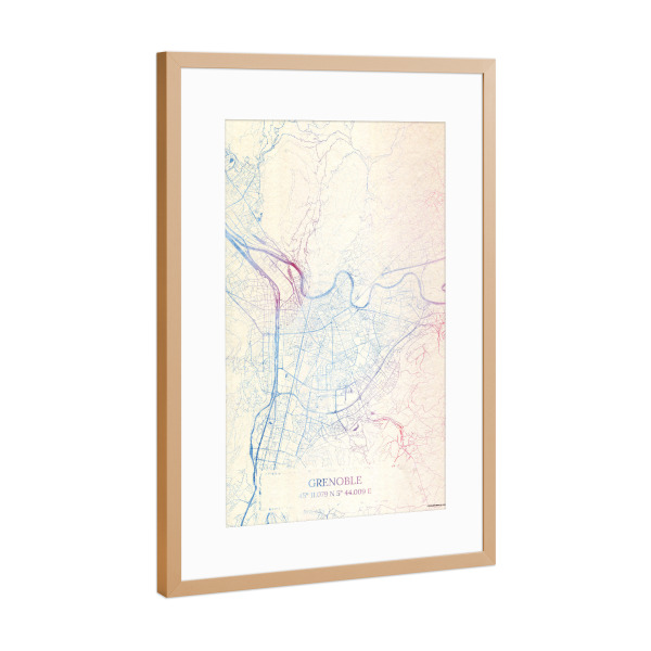 Poster mit Rahmen Kupfer "Grenoble Frankreich Map Rose And Serenity I" artboxONE - Städte,Reise,Kartografie - Städte,Stadtkarte,Wasserfarbe,Rosequartz