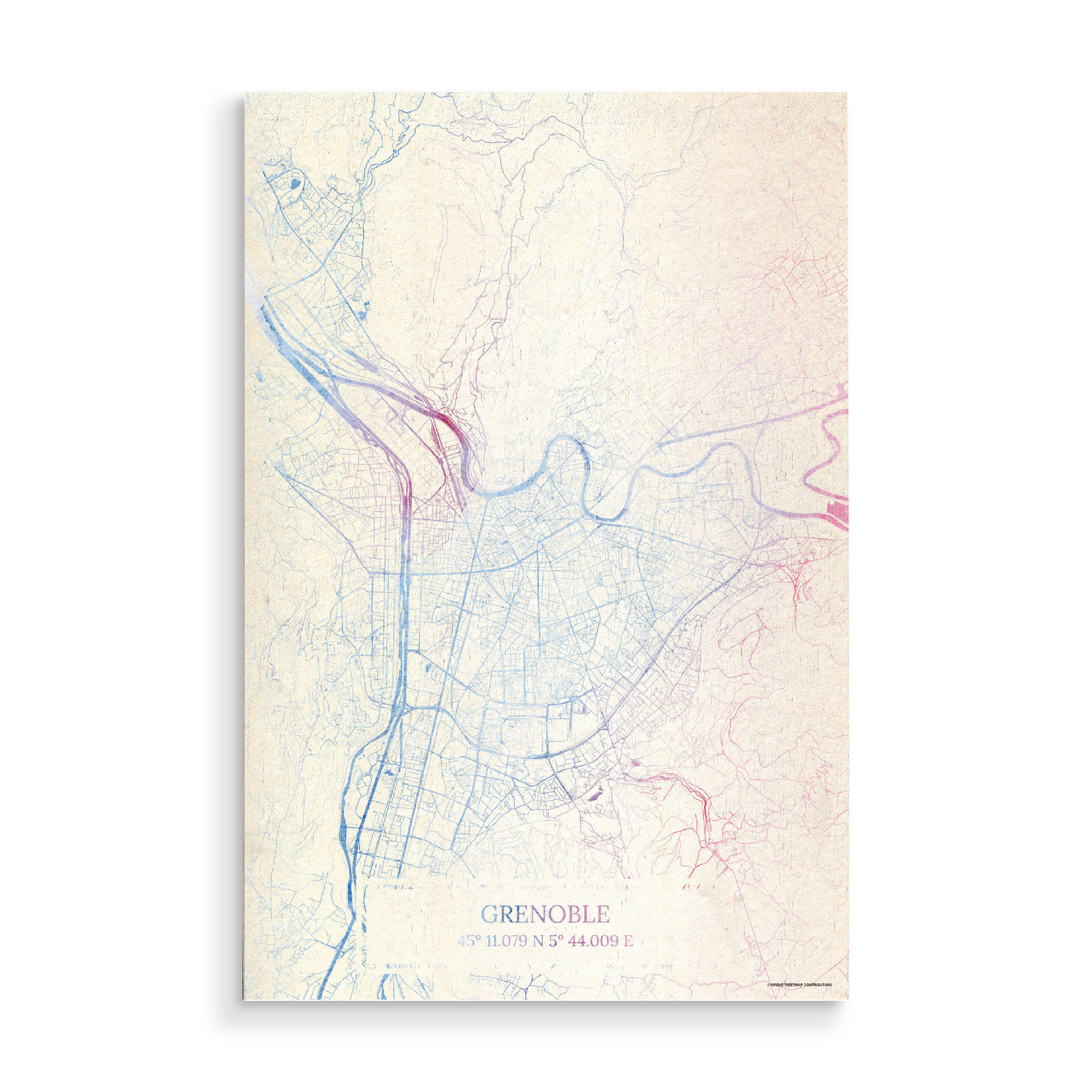 Holzbild "Grenoble Frankreich Map Rose And Serenity I" artboxONE - Städte,Reise,Kartografie - Städte,Stadtkarte,Wasserfarbe,Rosequartz