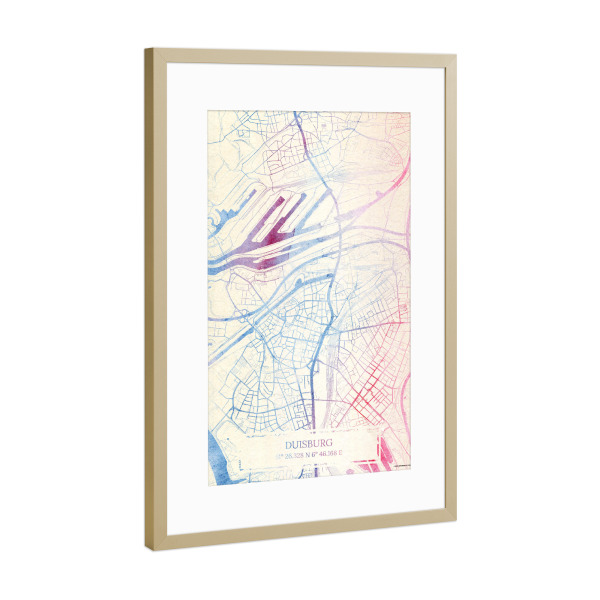 Poster mit Rahmen Gold "Duisburg Deutschland Map Rose And Serenity I" artboxONE - Städte,Reise,Kartografie