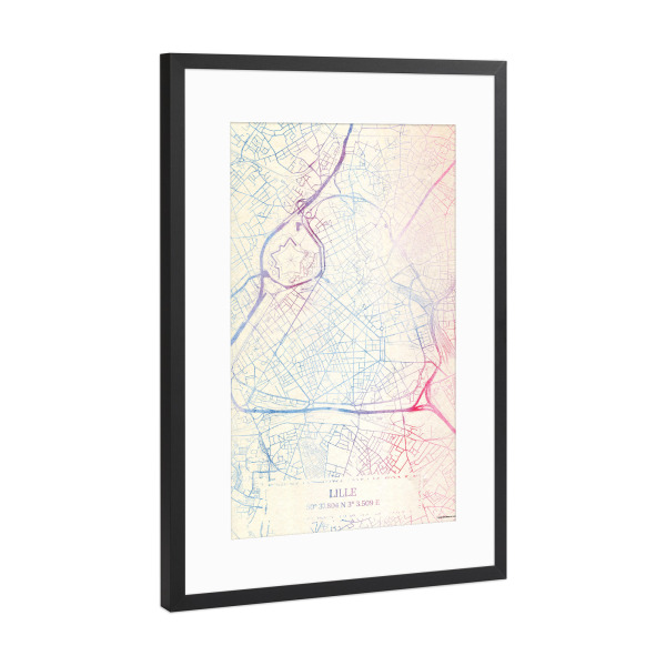 Poster mit Rahmen Schwarz (Metallic) "Lille Frankreich Map Rose And Serenity II" artboxONE - Städte,Reise,Kartografie