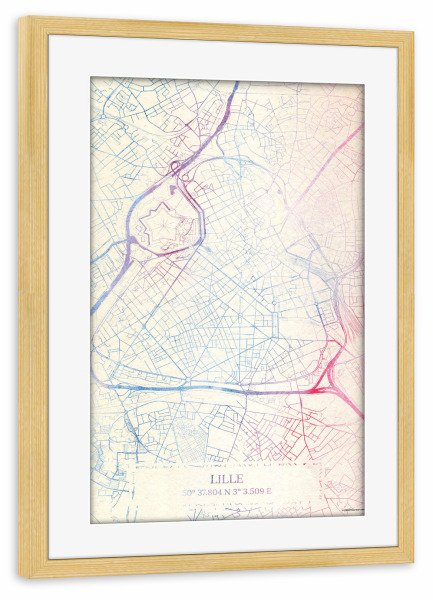 Poster mit Rahmen kiefer "Lille Frankreich Map Rose And Serenity II" artboxONE - Städte,Reise,Kartografie - Städte,Stadtkarte,Wasserfarbe,Rosequartz