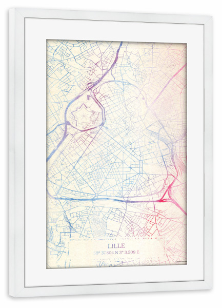 Poster mit Rahmen weiß "Lille Frankreich Map Rose And Serenity II" artboxONE - Städte,Reise,Kartografie - Städte,Stadtkarte,Wasserfarbe,Rosequartz