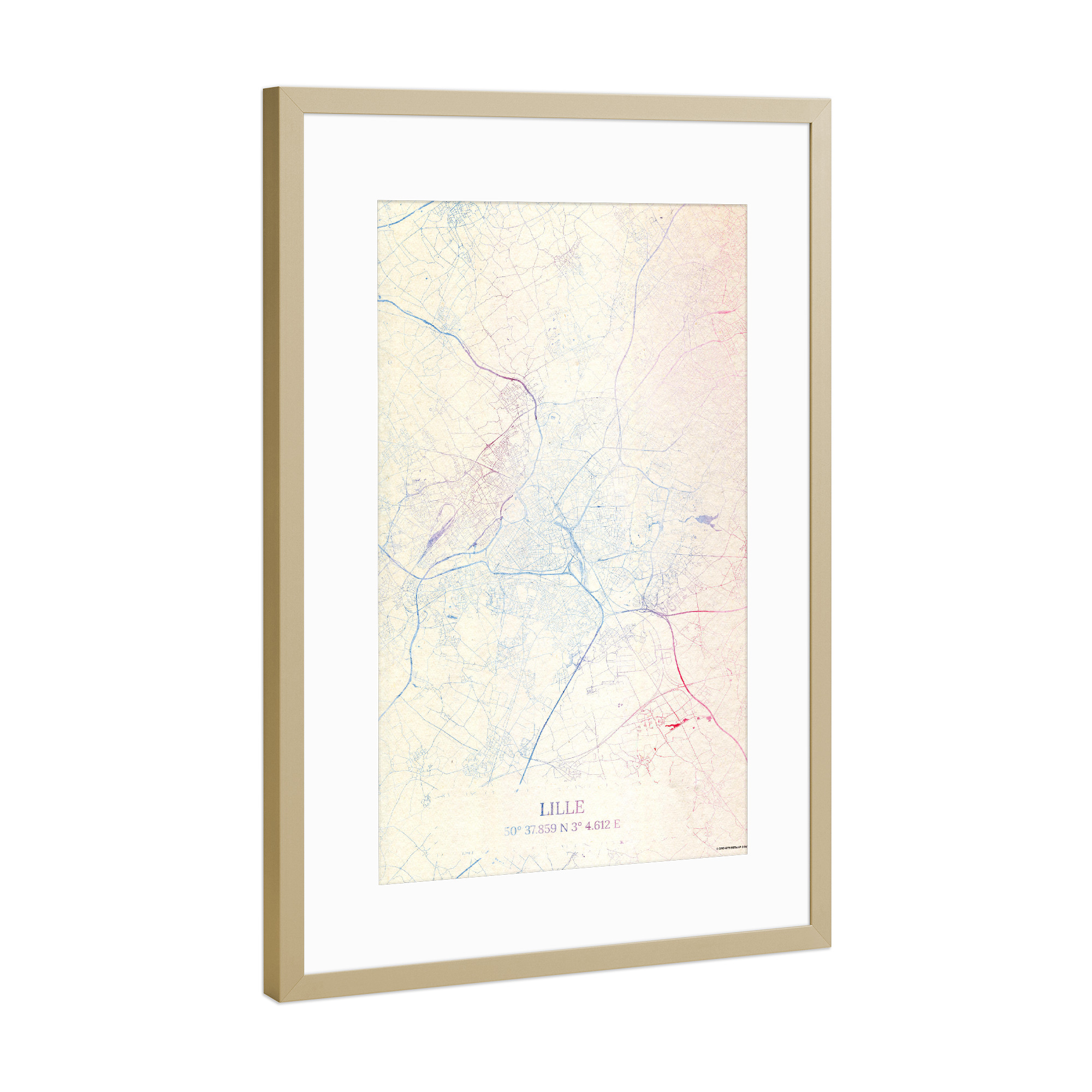 Poster mit Rahmen Gold "Lille Frankreich Map Rose And Serenity I" artboxONE - Städte,Reise,Kartografie - Städte,Stadtkarte,Wasserfarbe,Rosequartz