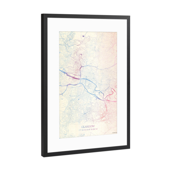 Poster mit Rahmen Schwarz (Metallic) "Glasgow Schottland Map Rose And Serenity I" artboxONE - Städte,Reise,Kartografie